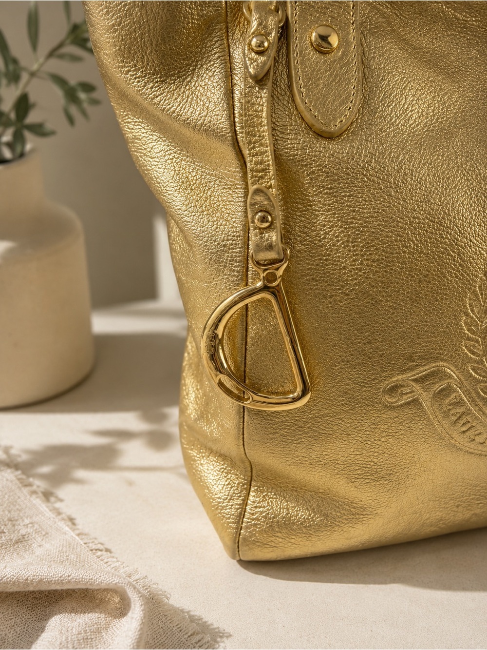 Lauren Ralph Lauren Metallic Gold LXVII Crest Tote Bag LG Shopper Shoulder Purse - Picture 3 of 13